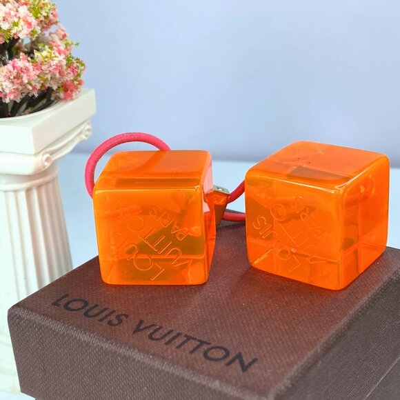 Authentic Louis Vuitton Neon Orange Cube Hair tied hair accessories DA004